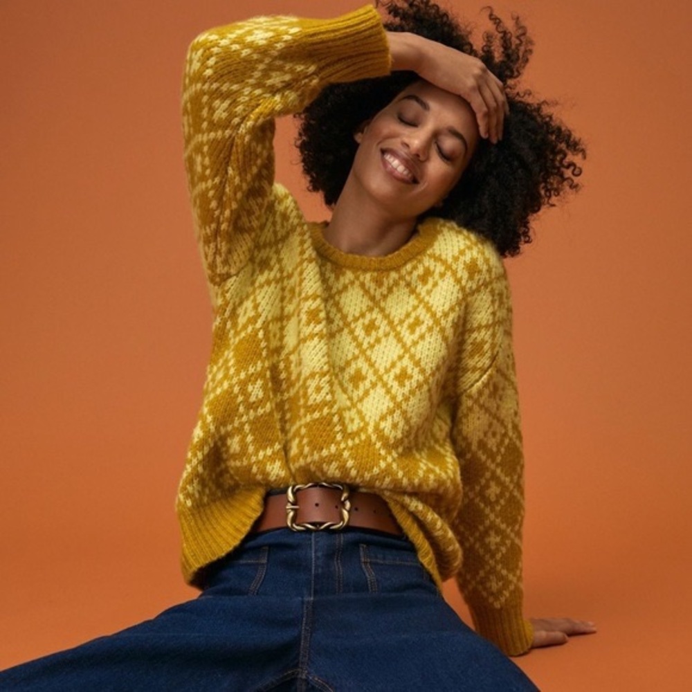 Anthropologie Mustard Yellow Diamond-Pattern Crewneck Sweater